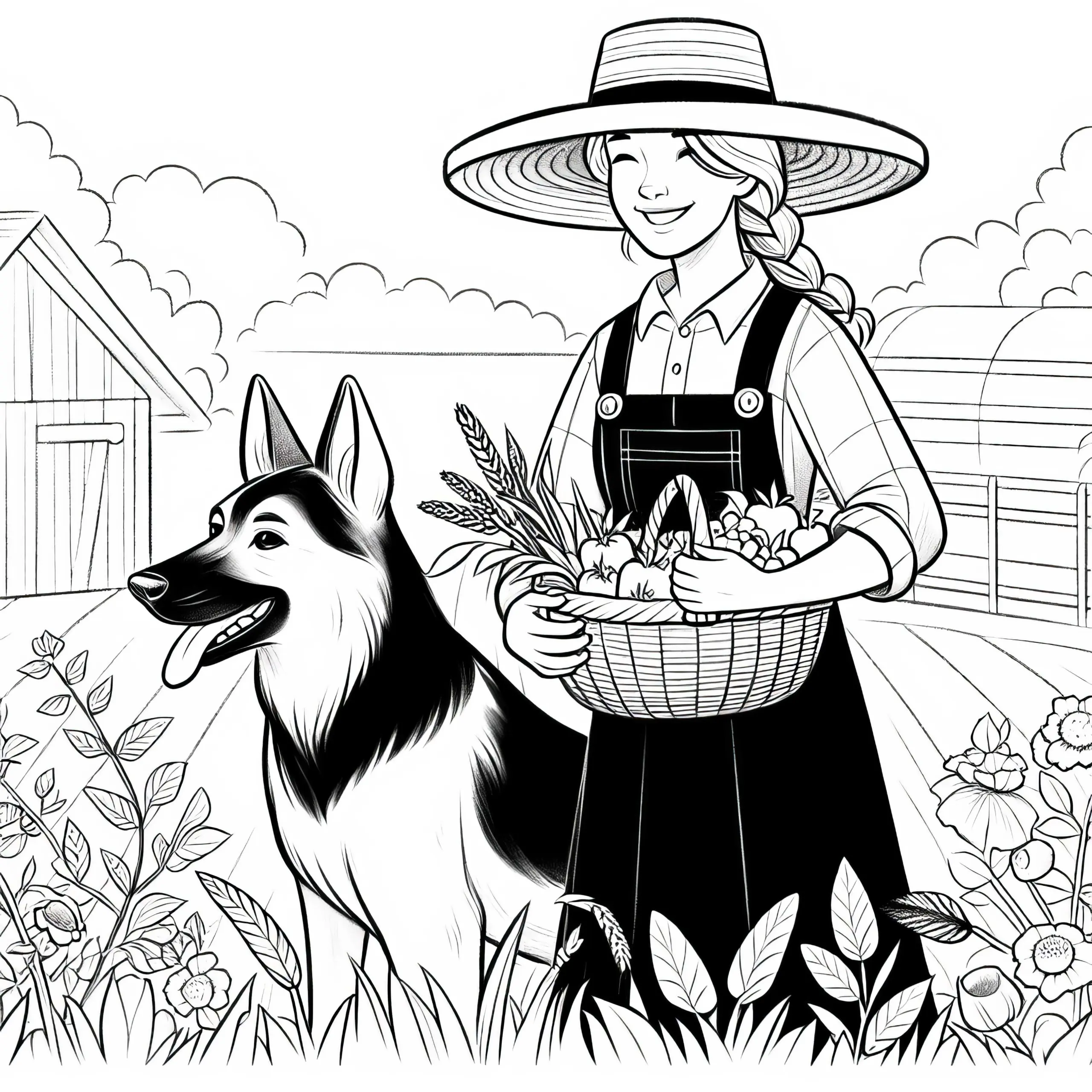 Ausmalbild einer Bäuerin mit Schäferhund bei der Arbeit auf der Weide – Kostenloses Download-Angebot
