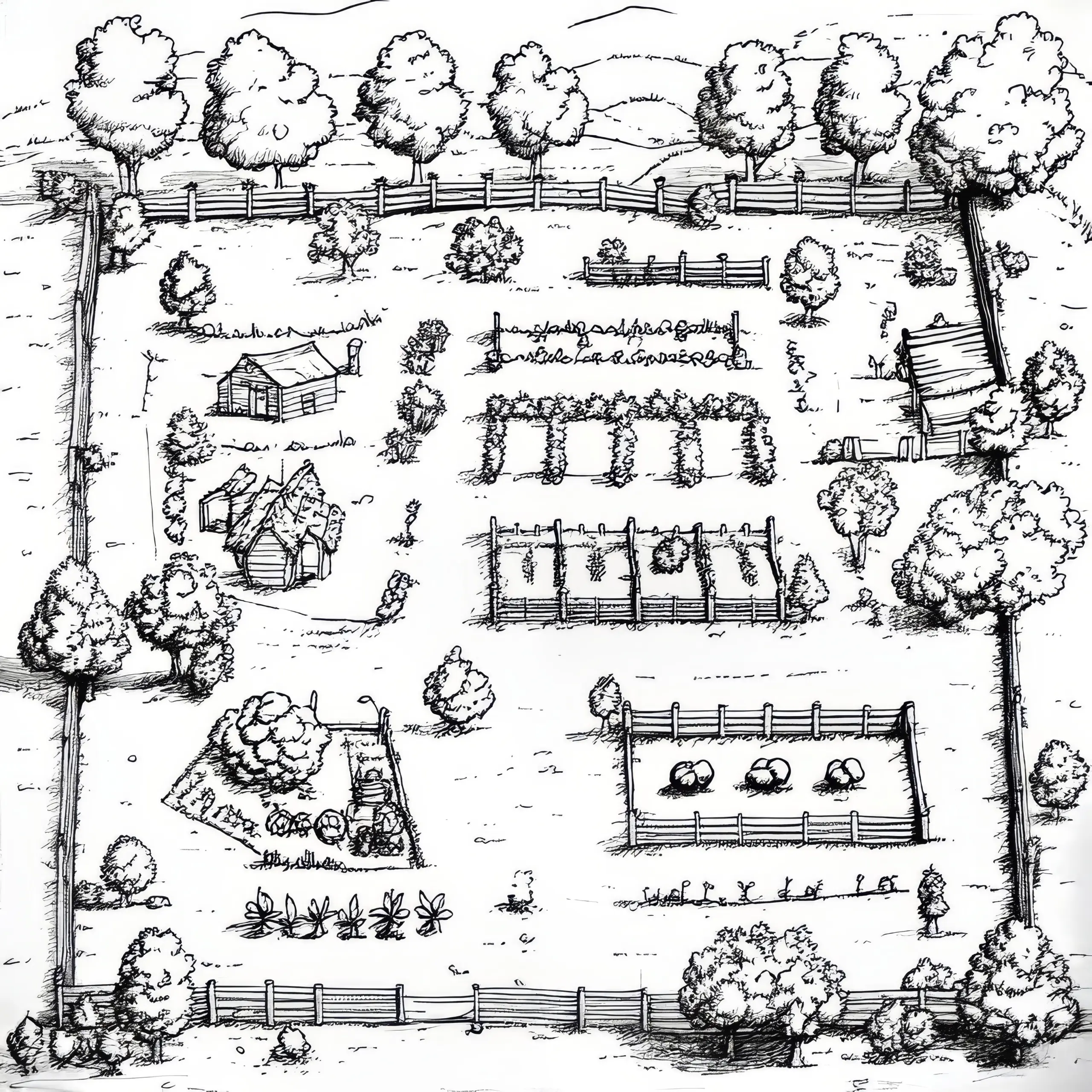 Bäume und Felder in einer Landschaft: Wimmelbild zum Ausmalen (Kostenlos) (Ausmalbild)