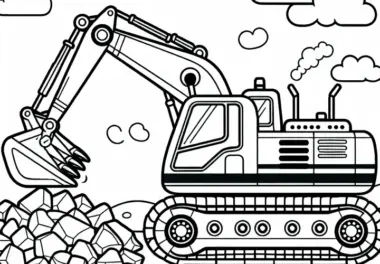 Bagger hebt Steine auf Baustelle – Malvorlage für Jungs ab drei kostenlos