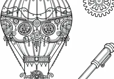 Ausmalbild einer Heißluftballonfahrt mit Metallkorb im Steampunk-Stil