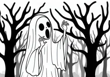 Banshee im nebligen Wald schreit mit erhobenen Händen – Ausmalbild kostenlos