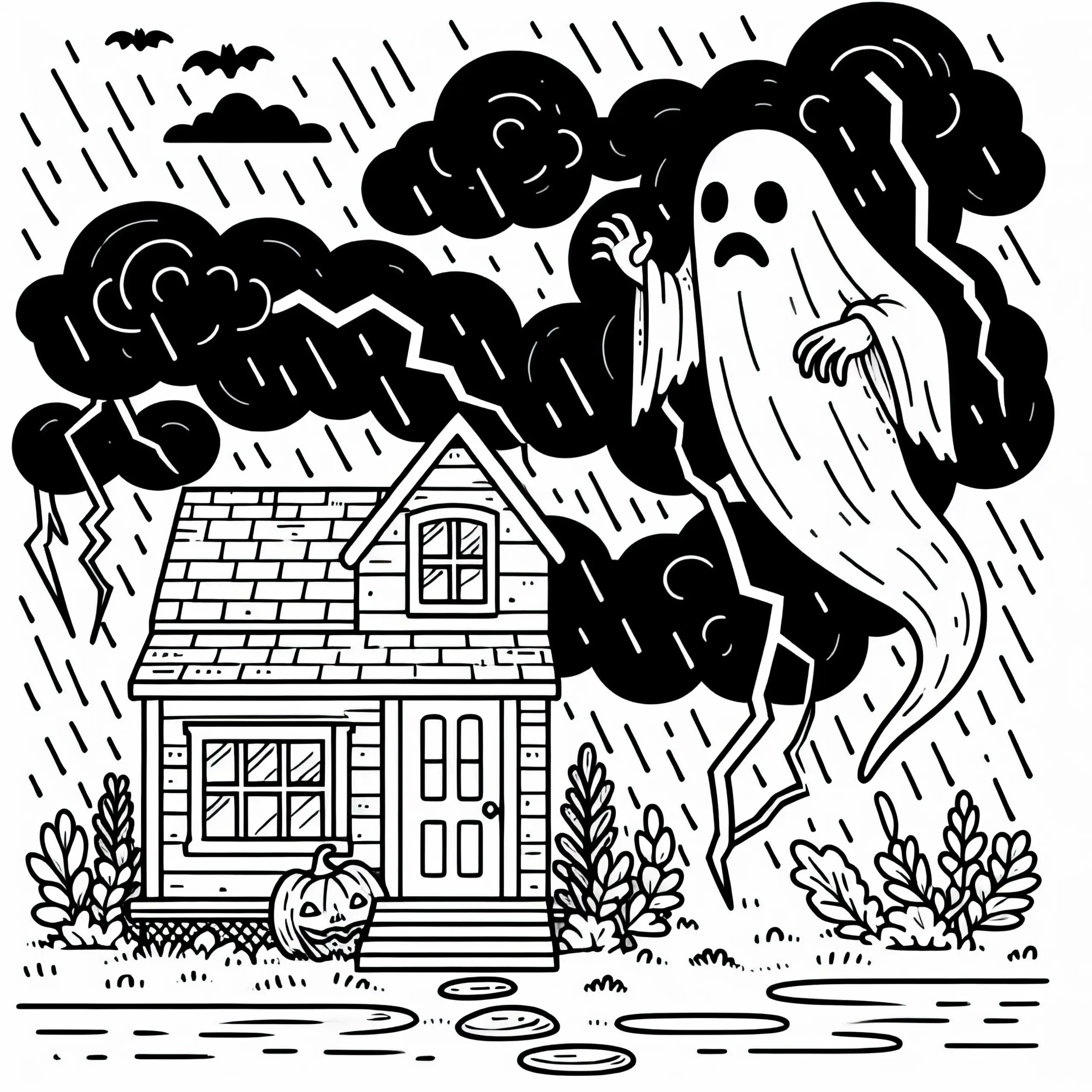 Banshee schwebt über Haus während ein Sturm tobt – Ausmalbild kostenlos