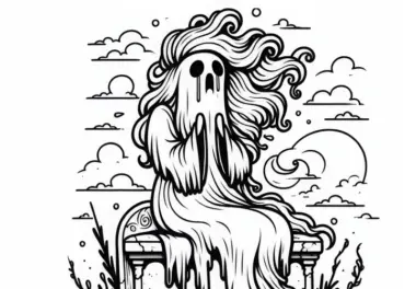 Banshee sitzt auf altem Grabstein und weint – Ausmalbild zum Download