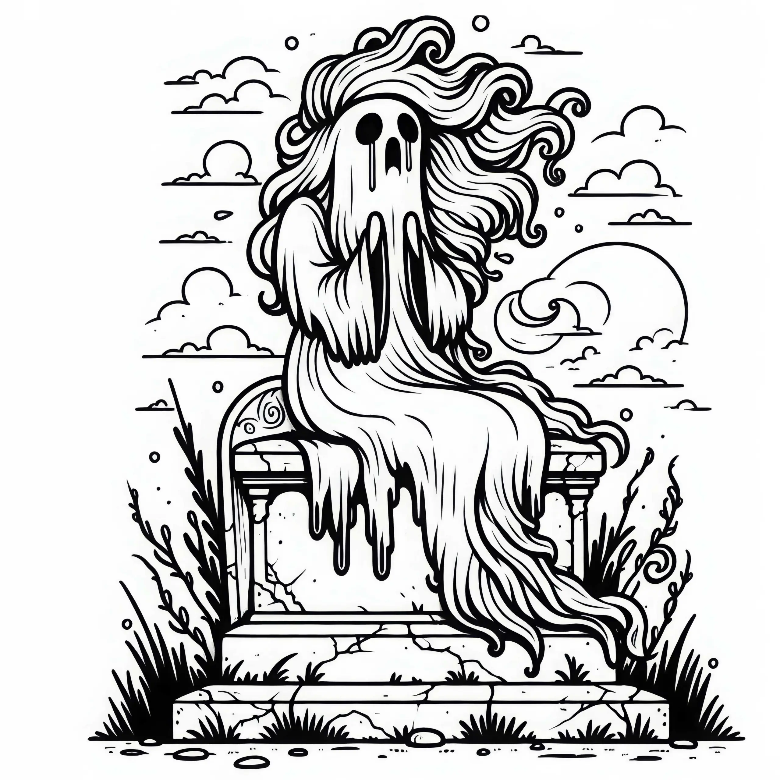 Banshee sitzt auf altem Grabstein und weint – Ausmalbild zum Download