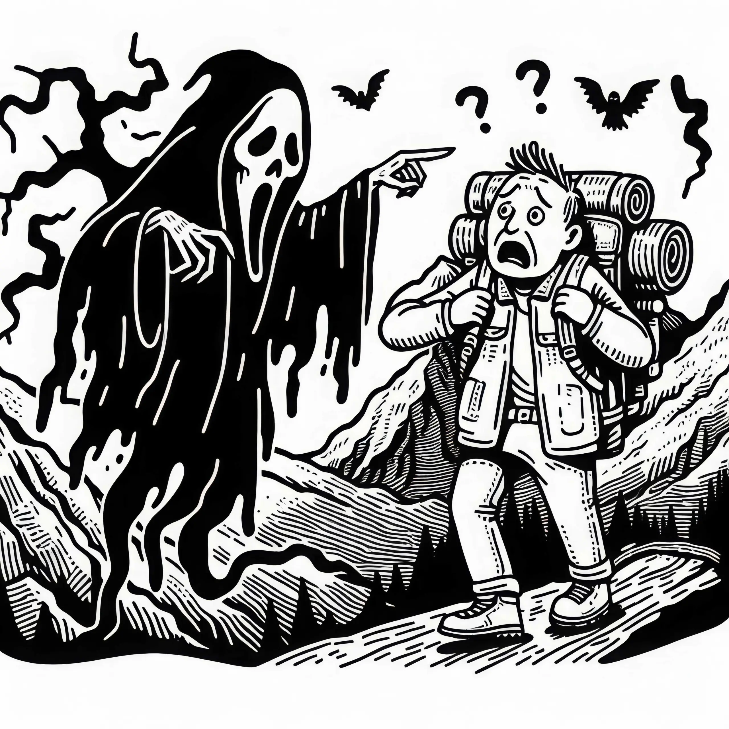 Banshee zeigt auf reisenden, der Angst bekommt – Ausmalbild gratis