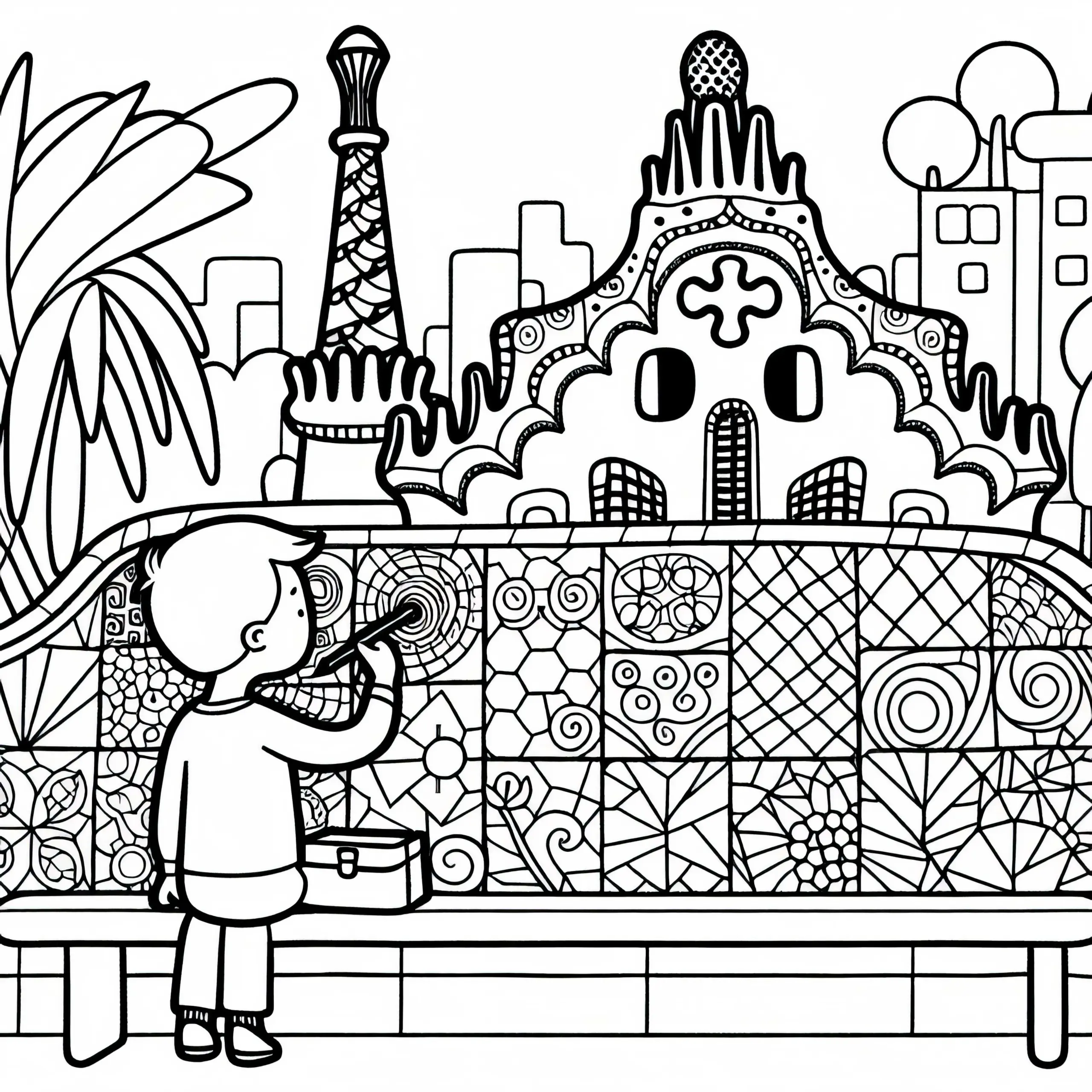 Barcelona Kind im Park Güell in Barcelona zeichnet Mosaik Ausmalbild kostenlos