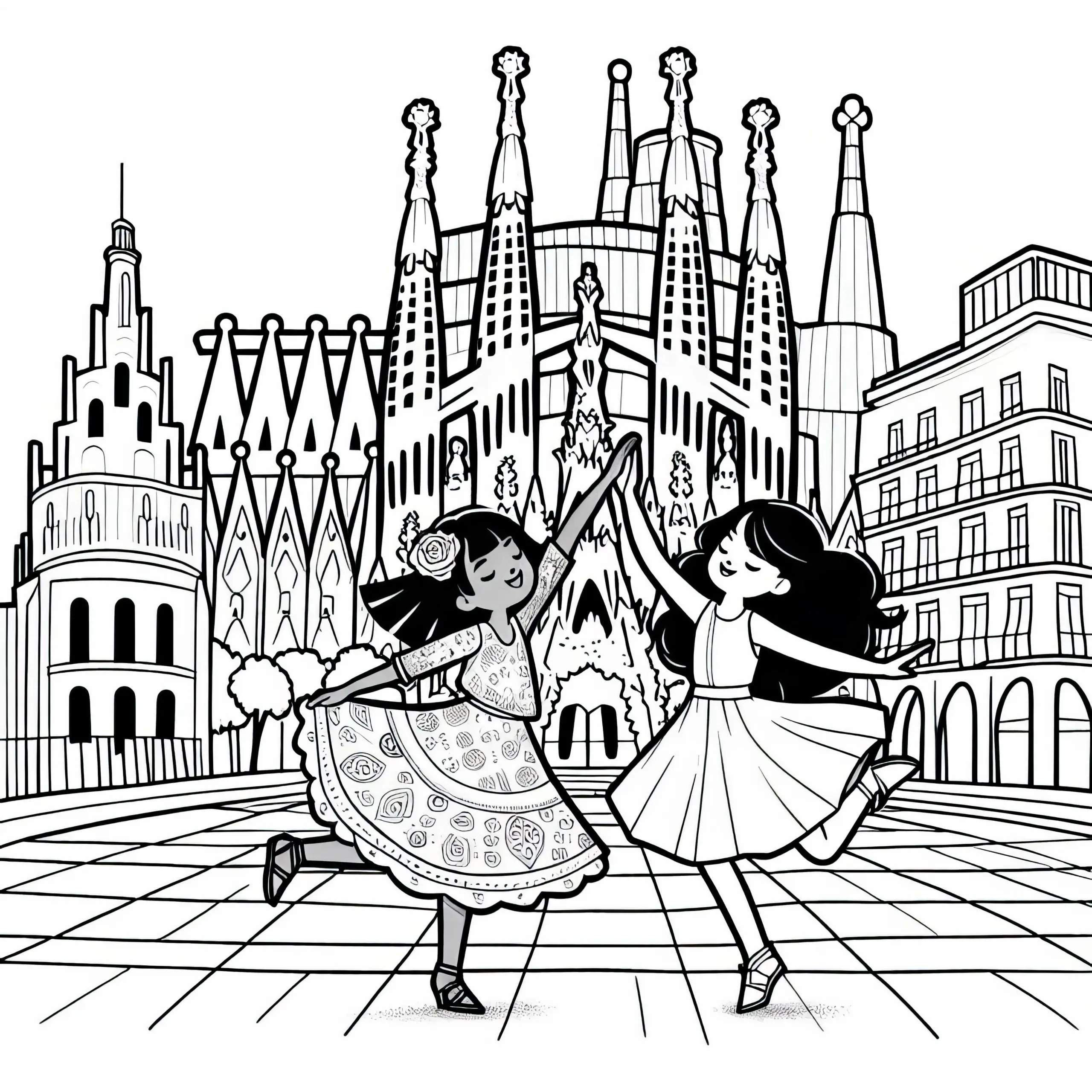 Zwei Mädchen tanzen auf dem Platz vor der Sagrada Familia – Malvorlage kostenlos (Ausmalbild)