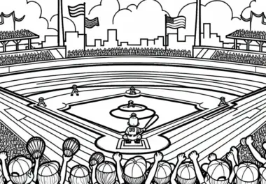 Baseballspiel mit jubelnden Kids – Ausmalbild Nordamerika kostenlos