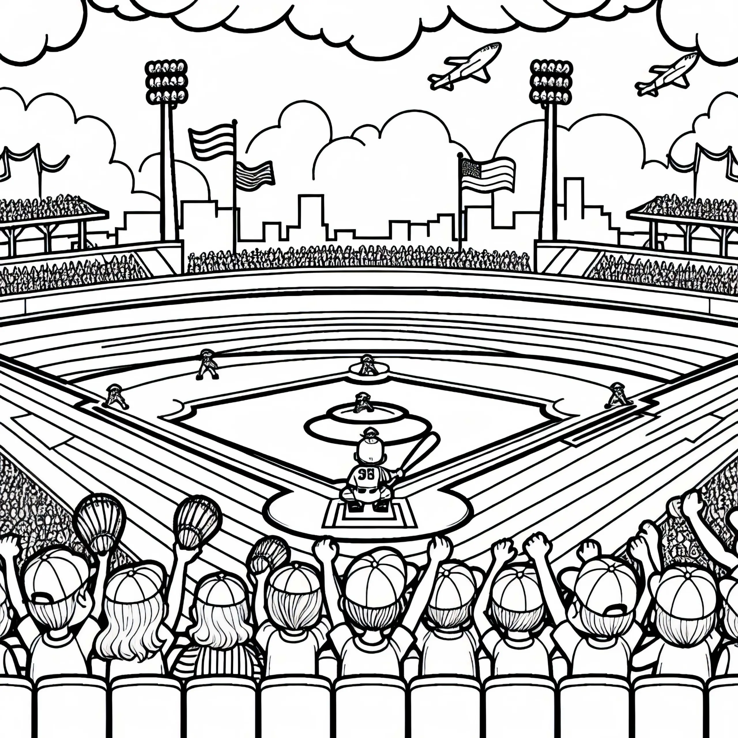 Baseballspiel mit jubelnden Kids – Ausmalbild Nordamerika kostenlos