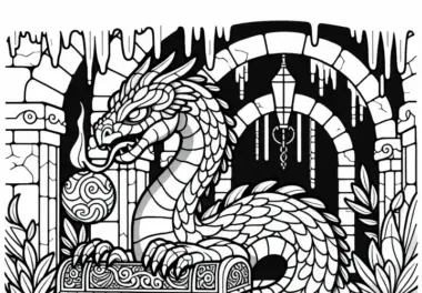 Basilisk bewacht geheimnisvollen Schatz in unterirdischer Kammer – Malvorlage gratis