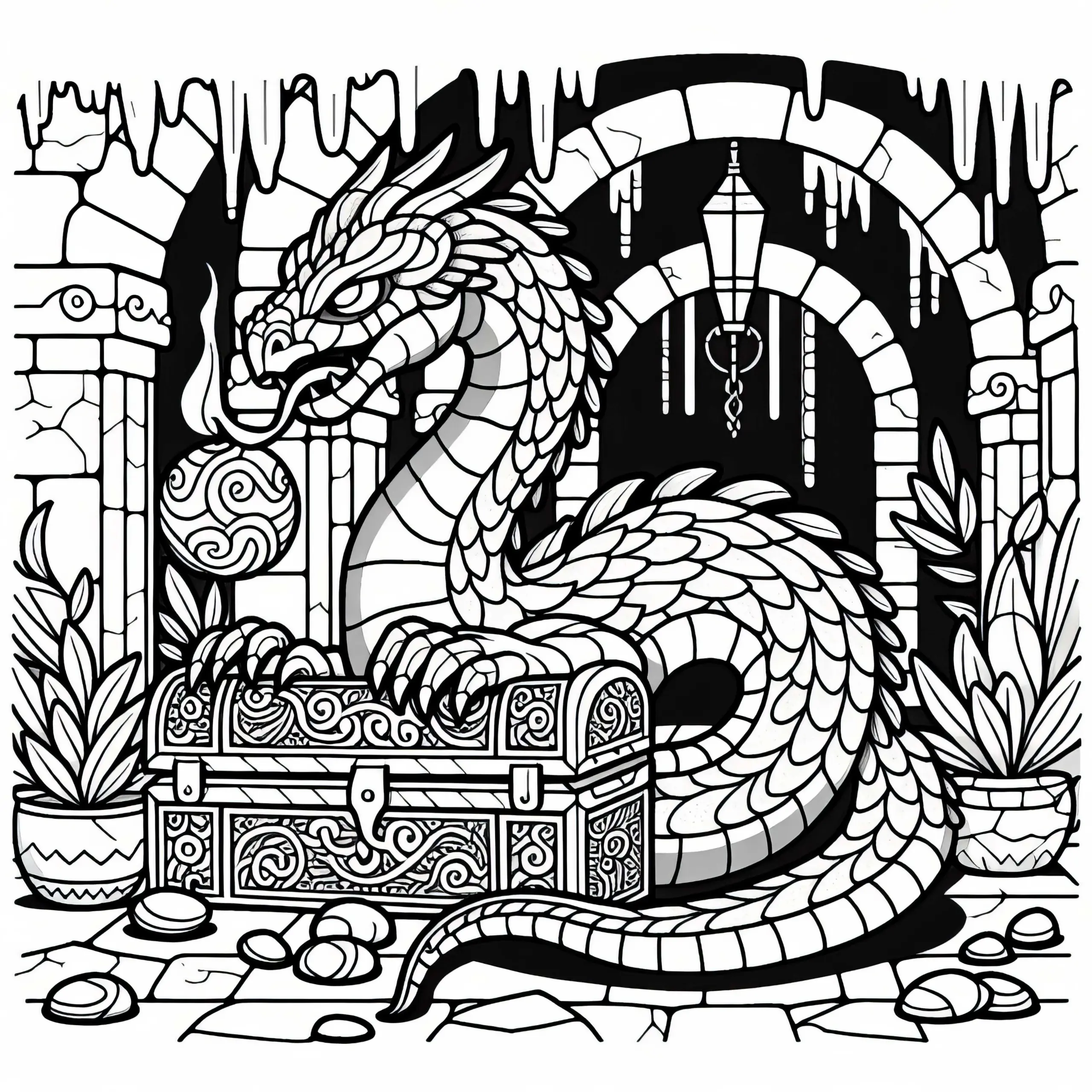 Basilisk bewacht geheimnisvollen Schatz in unterirdischer Kammer – Malvorlage gratis (Ausmalbild)