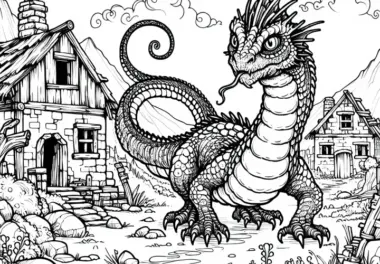 Basilisk schleicht durch verlassenes Dorf mit zerstörten Häusern – Malvorlage kostenlos