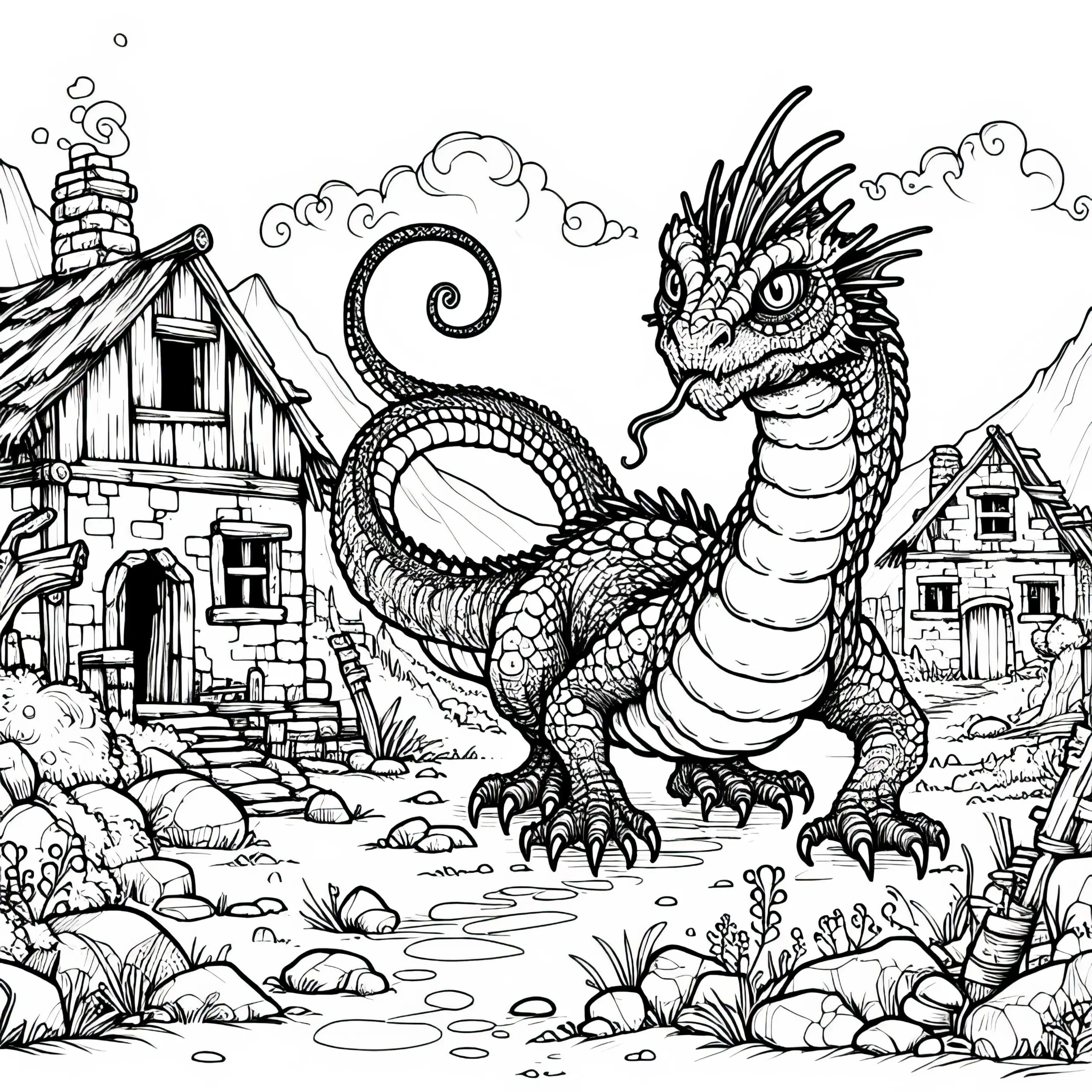 Basilisk schleicht durch verlassenes Dorf mit zerstörten Häusern – Malvorlage kostenlos (Ausmalbild)