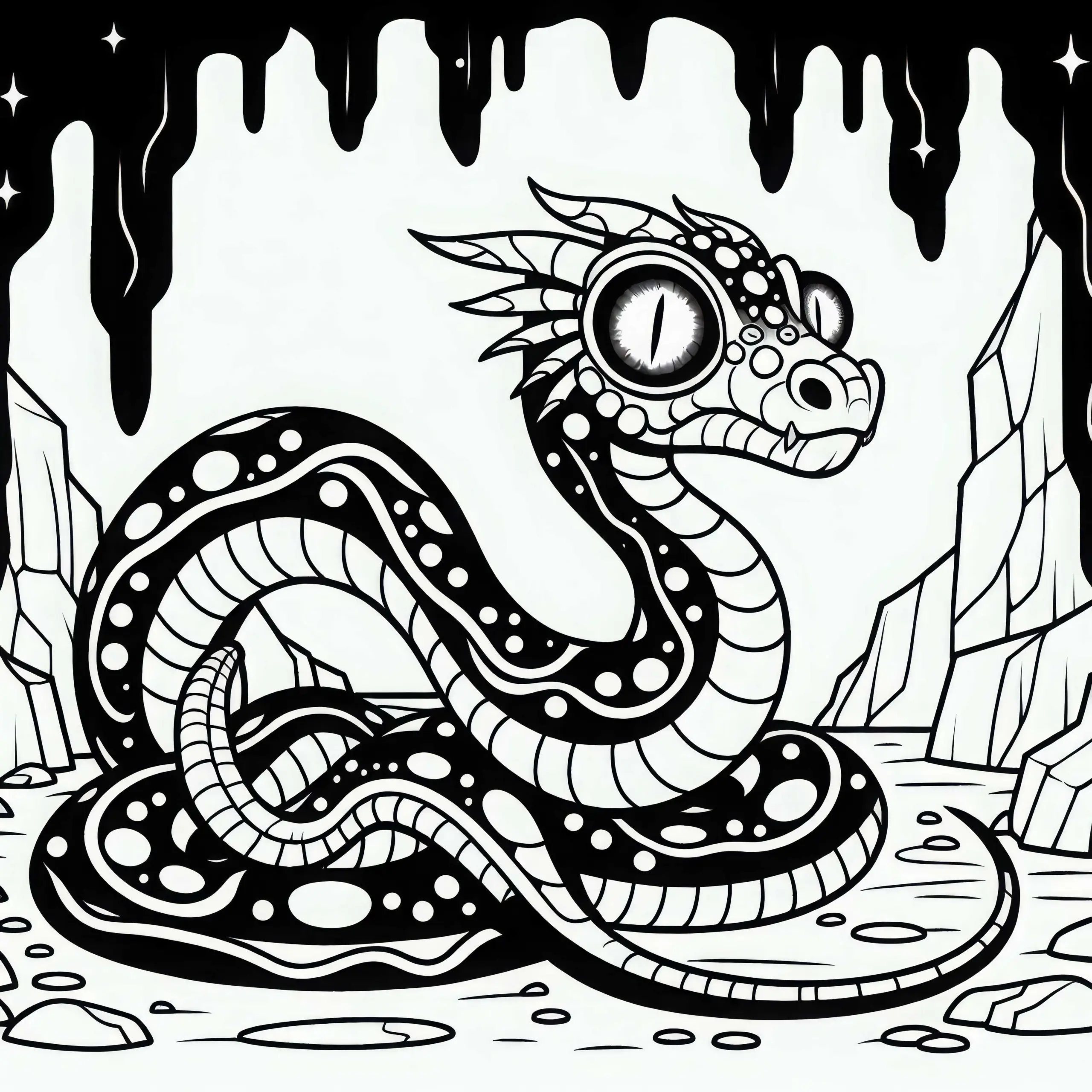 Ein Basilisk windet sich durch eine düstere Höhle – Ausmalbild kostenlos