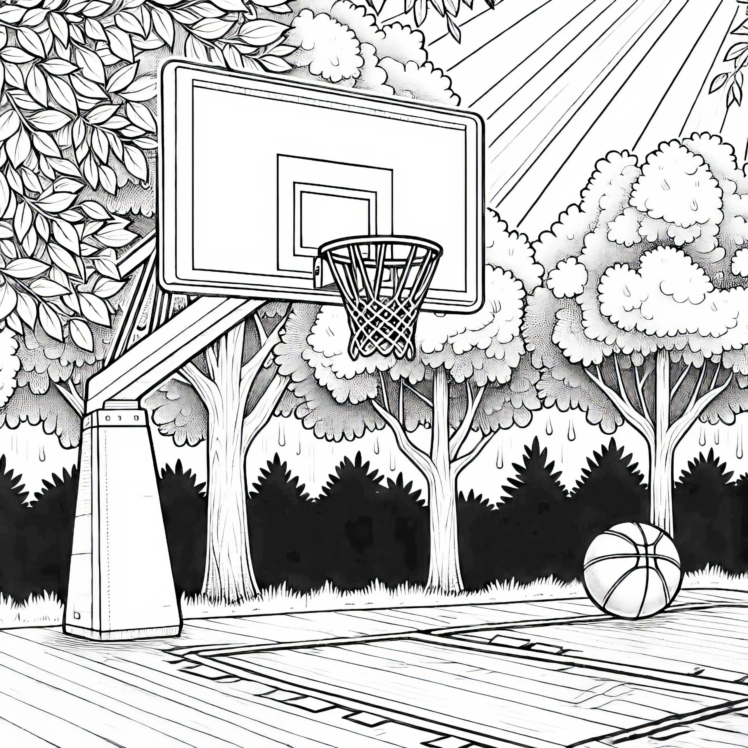Basketballkorb mit Netz – Ausmalbild Detailreich kostenlos
