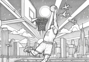 Basketballspieler macht Dunking – Ausmalbild kostenlos