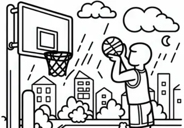 Basketballspieler wirft Freiwurf auf Korb – Ausmalbild einfach und gratis