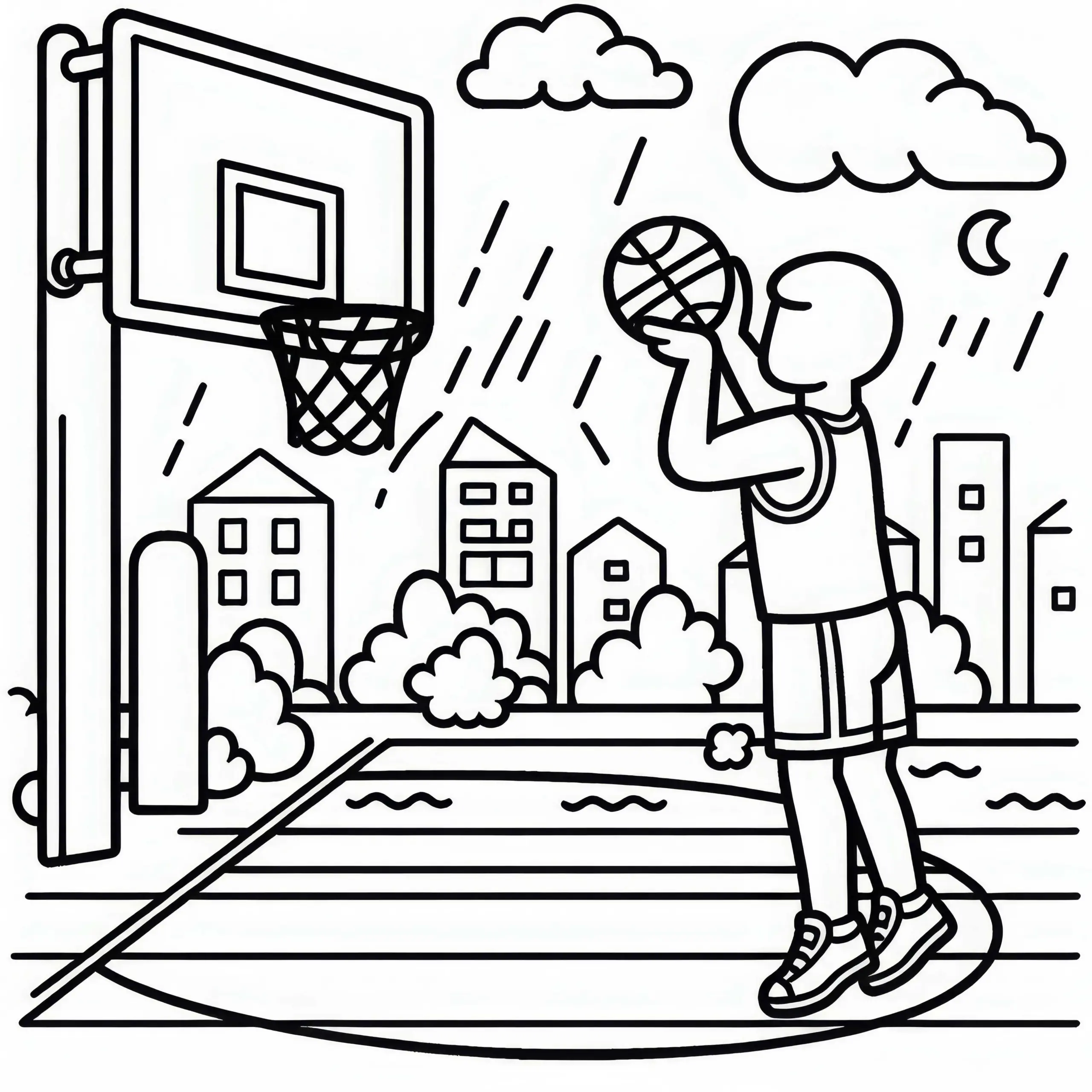 Basketballspieler wirft Freiwurf auf Korb – Ausmalbild einfach und gratis