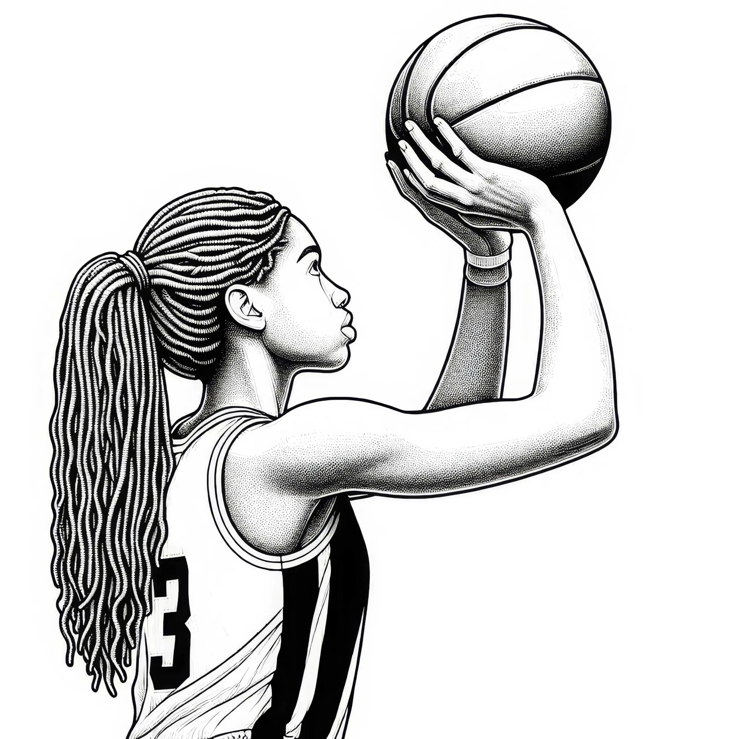 Basketballspielerin wirft Freiwurf – Malvorlage detailreich kostenlos (Ausmalbild)