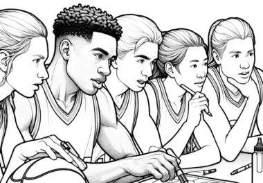 Basketball-Team plant Taktik während Auszeit – Ausmalbild kostenlos herunterladen
