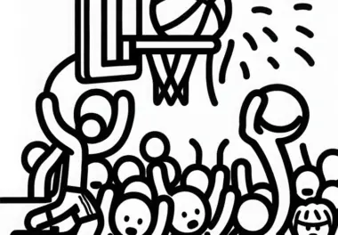 Basketball Zuschauer jubeln während der Ball durch den Korb fliegt – Ausmalbild kostenlos