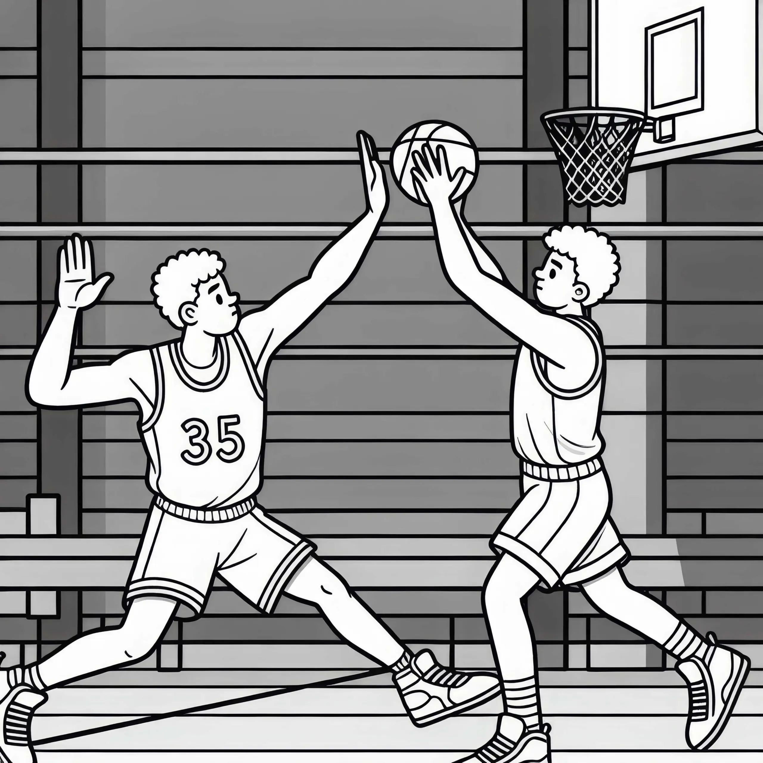 Basketballspieler blockt Gegner beim Pass – Malvorlage kostenlos (Ausmalbild)