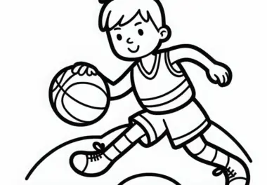 Basketballspieler dribbelt mit Ball über das Spielfeld – Ausmalbild kostenlos