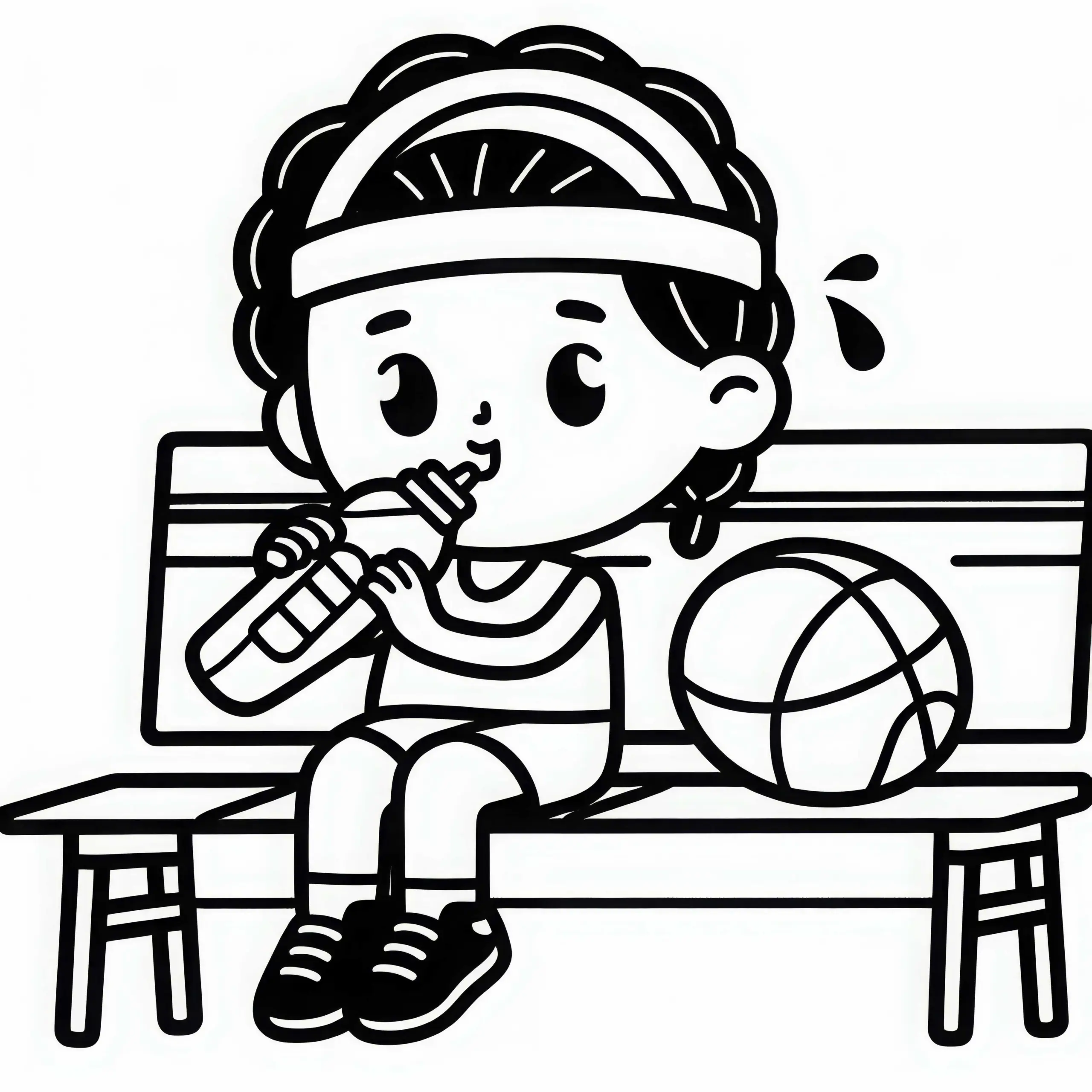 Basketballspieler sitzt auf Bank und trinkt Wasser – Malvorlage kostenlos (Ausmalbild)