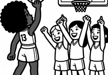 Basketballspielerin feiert Treffer mit Team – Ausmalbild kostenlos