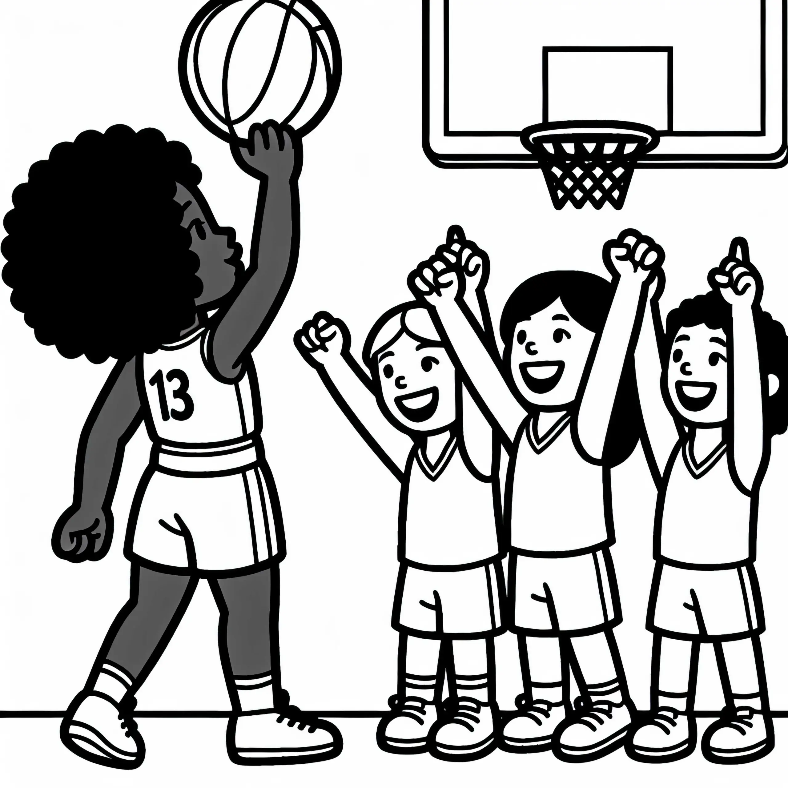 Basketballspielerin feiert Treffer mit Team – Ausmalbild kostenlos