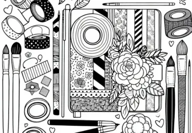 Bastelset mit Washi Tapes, Stiften, Pinseln – Ausmalbild für Mädchen ab neun gratis