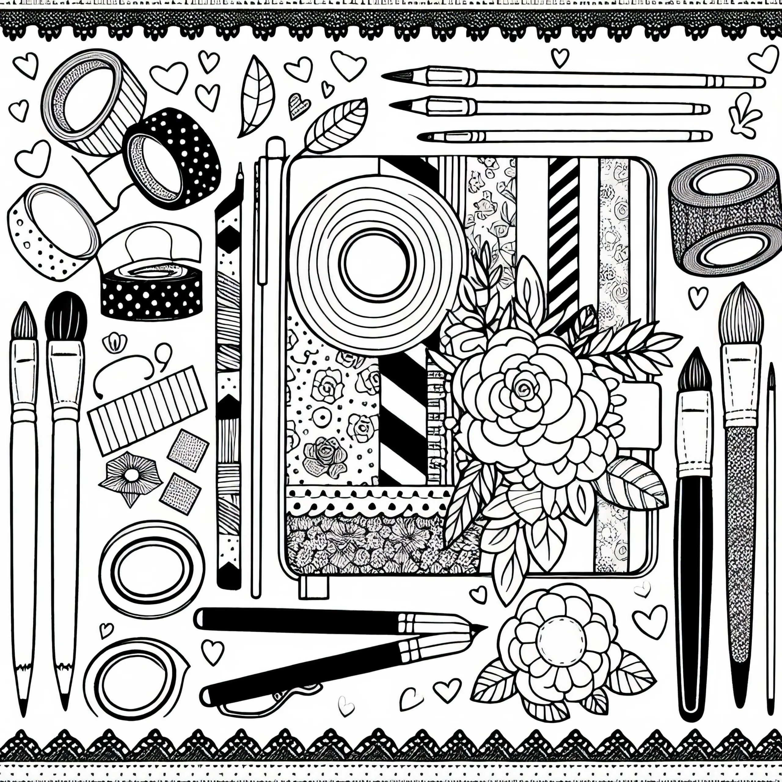 Bastelset mit Washi Tapes, Stiften, Pinseln – Ausmalbild für Mädchen ab neun gratis