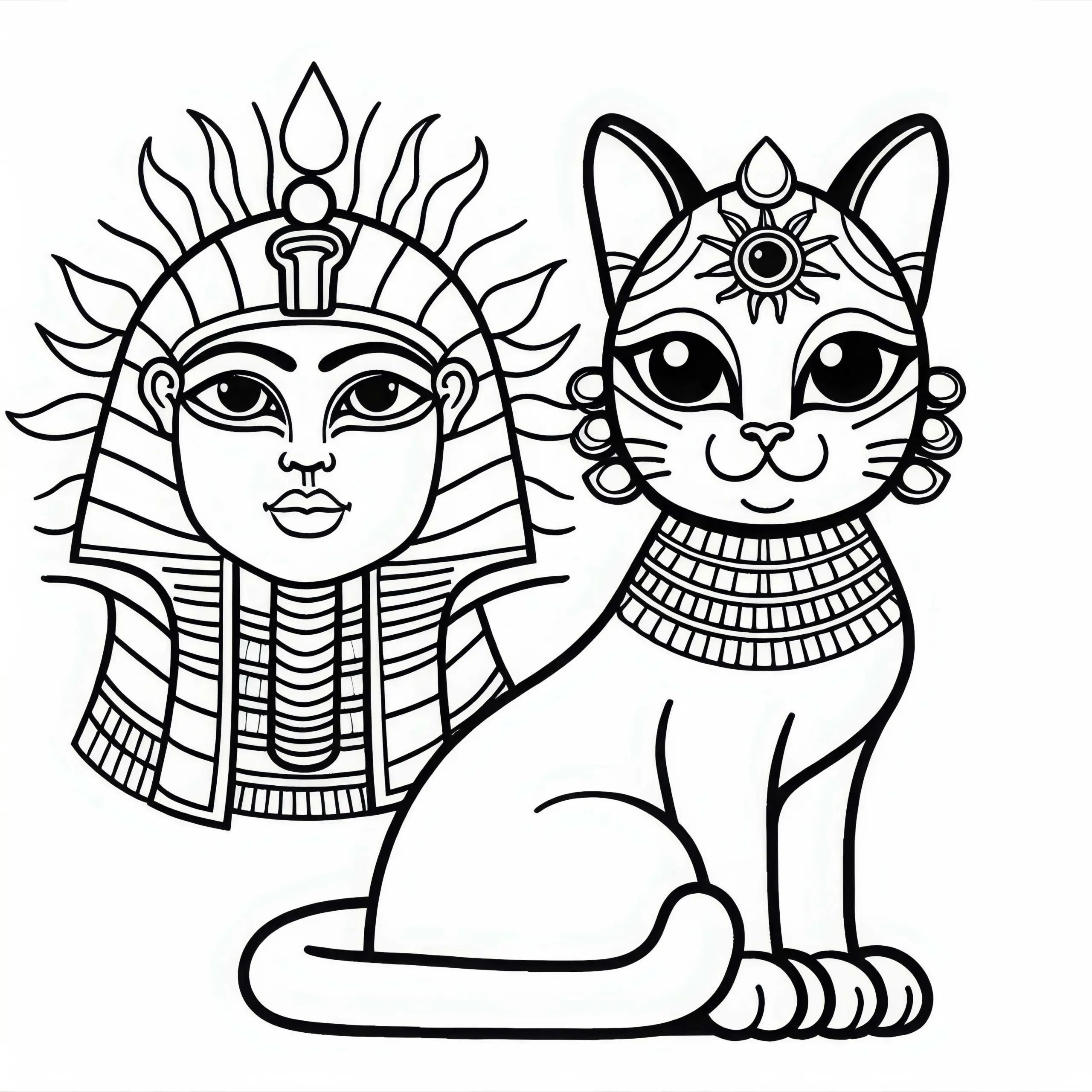 Bastet, die Katze mit Sonnenauge und Sistrum – Malvorlage ägyptische Mythologie gratis (Ausmalbild)
