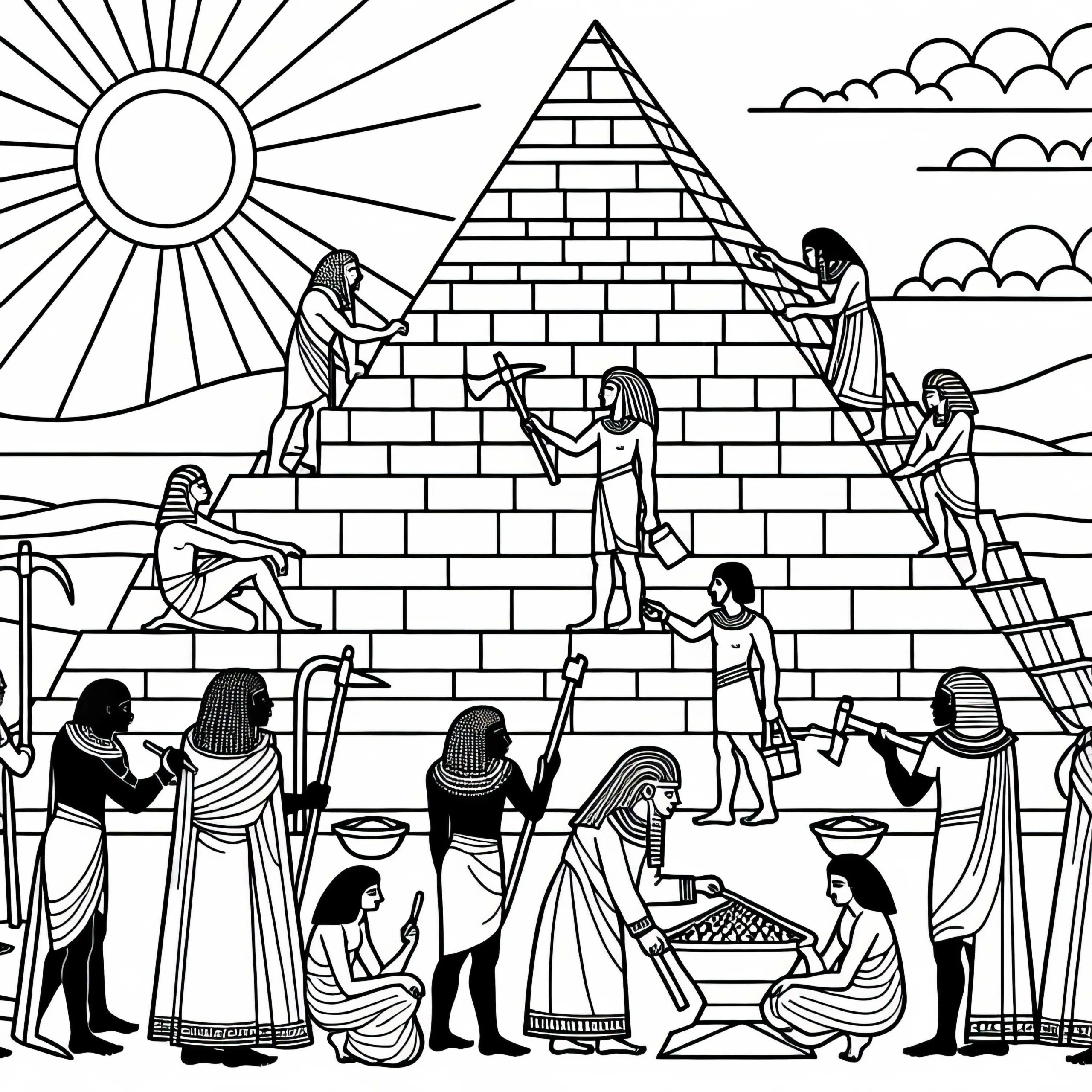 Bau einer Pyramide: Malvorlage zur ägyptischen Mythologie (Ausmalbild)