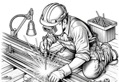 Bauarbeiter schweist Metallträger zusammen – Ausmalbild