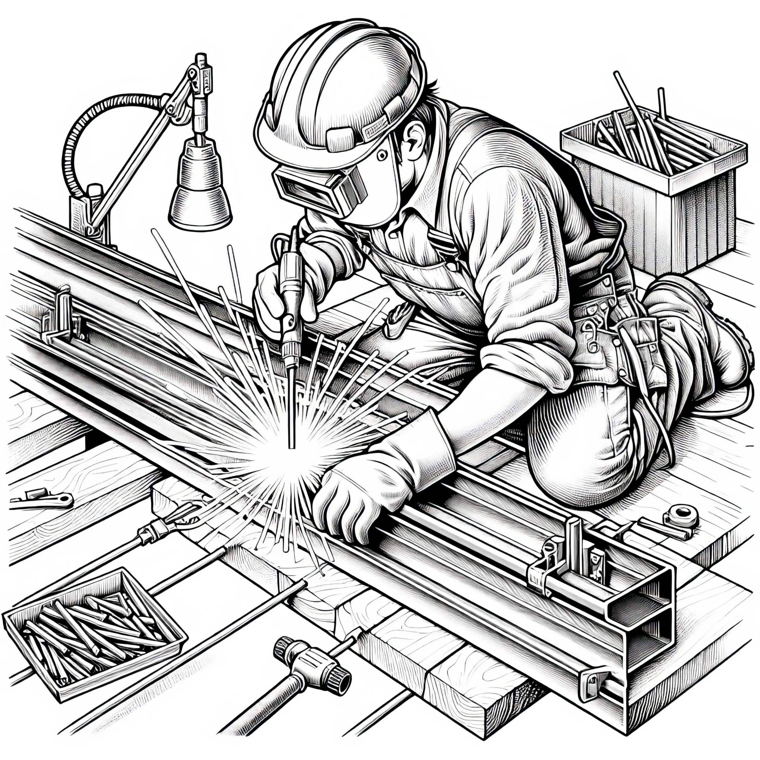 Bauarbeiter schweist Metallträger zusammen – Ausmalbild
