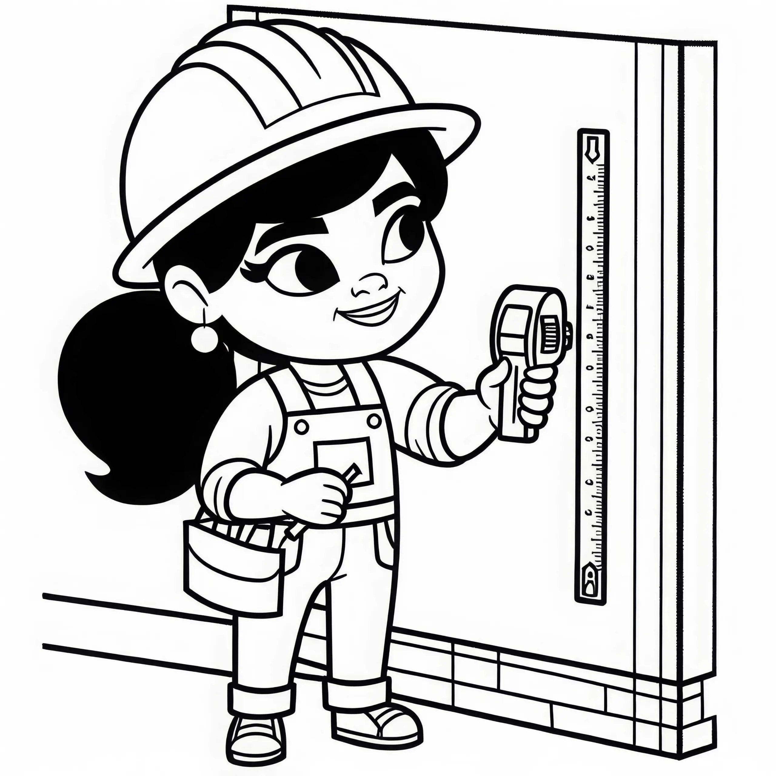 Bauarbeiterin misst mit einem Maßband eine Wand – Malvorlage kostenlos (Ausmalbild)