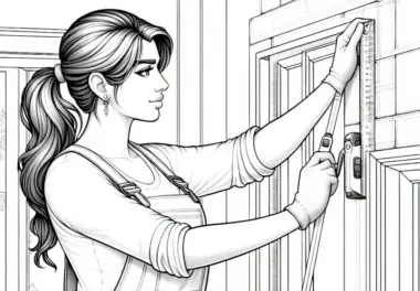 Bauarbeiterin misst mit Maßband Wand – Ausmalbild kostenlos und detailreich