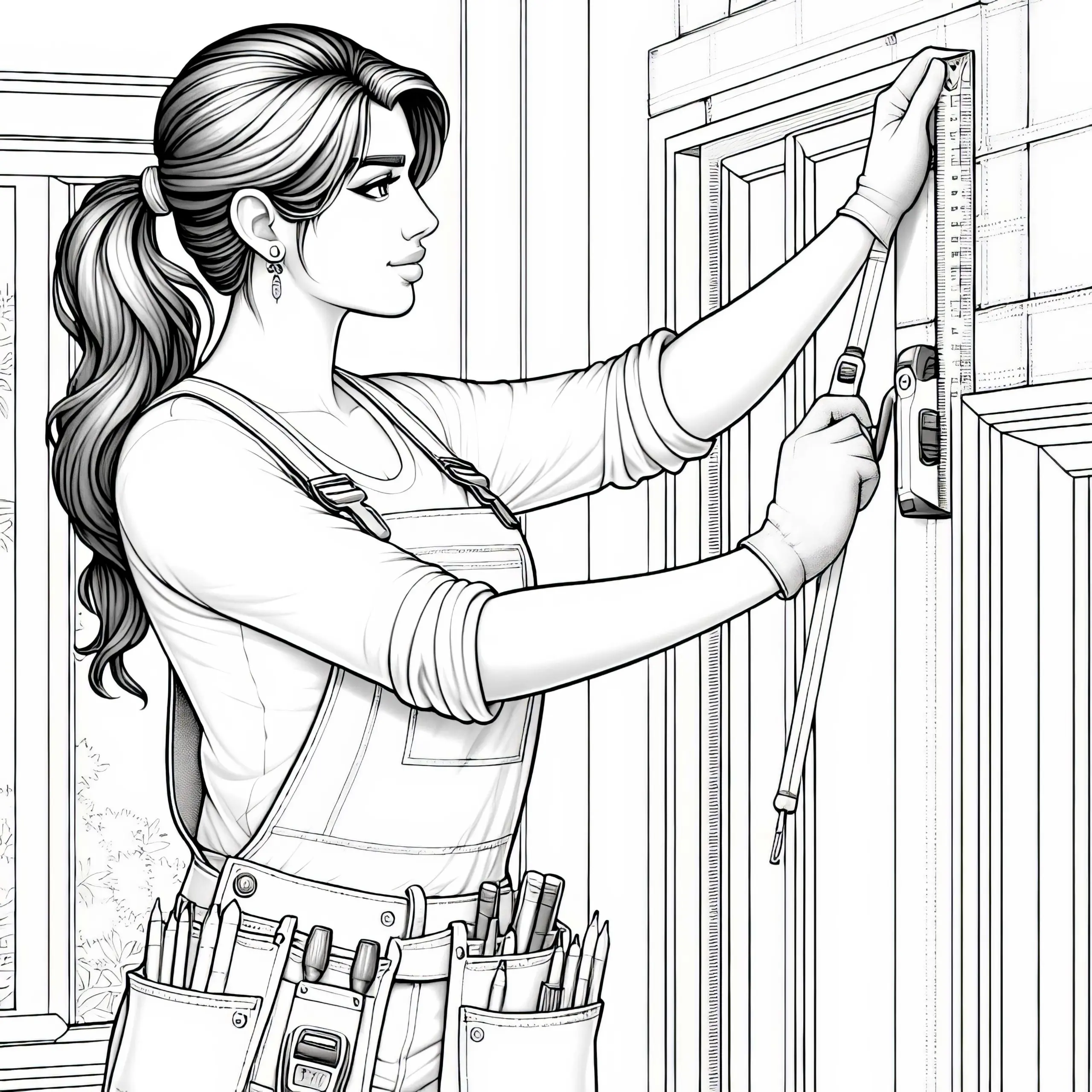Bauarbeiterin misst mit Maßband Wand – Ausmalbild kostenlos und detailreich