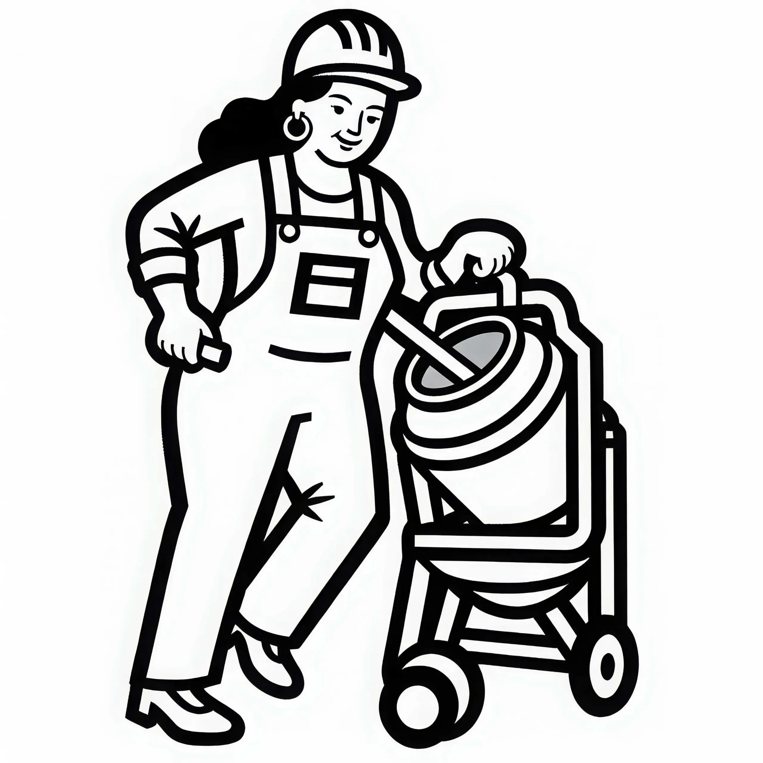 Bauarbeiterin neben Betonmischer – Ausmalbild einfach kostenlos