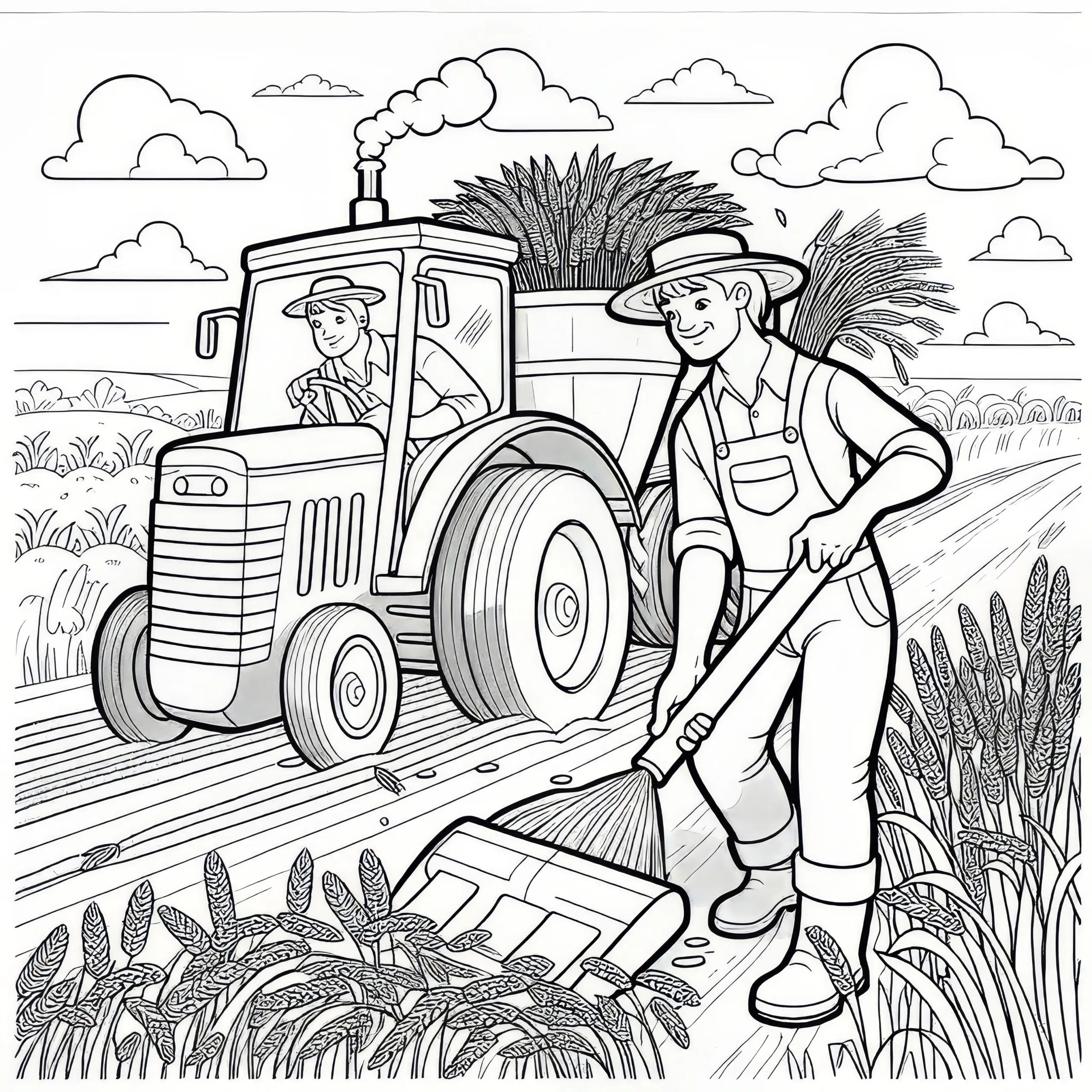 Bauer erntet Getreide mit Traktor im August: Malvorlage zum Download (Gratis) (Ausmalbild)