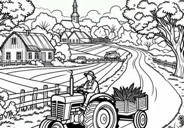Bauer fährt mit Traktor über Feldweg – Ausmalbild kostenlos