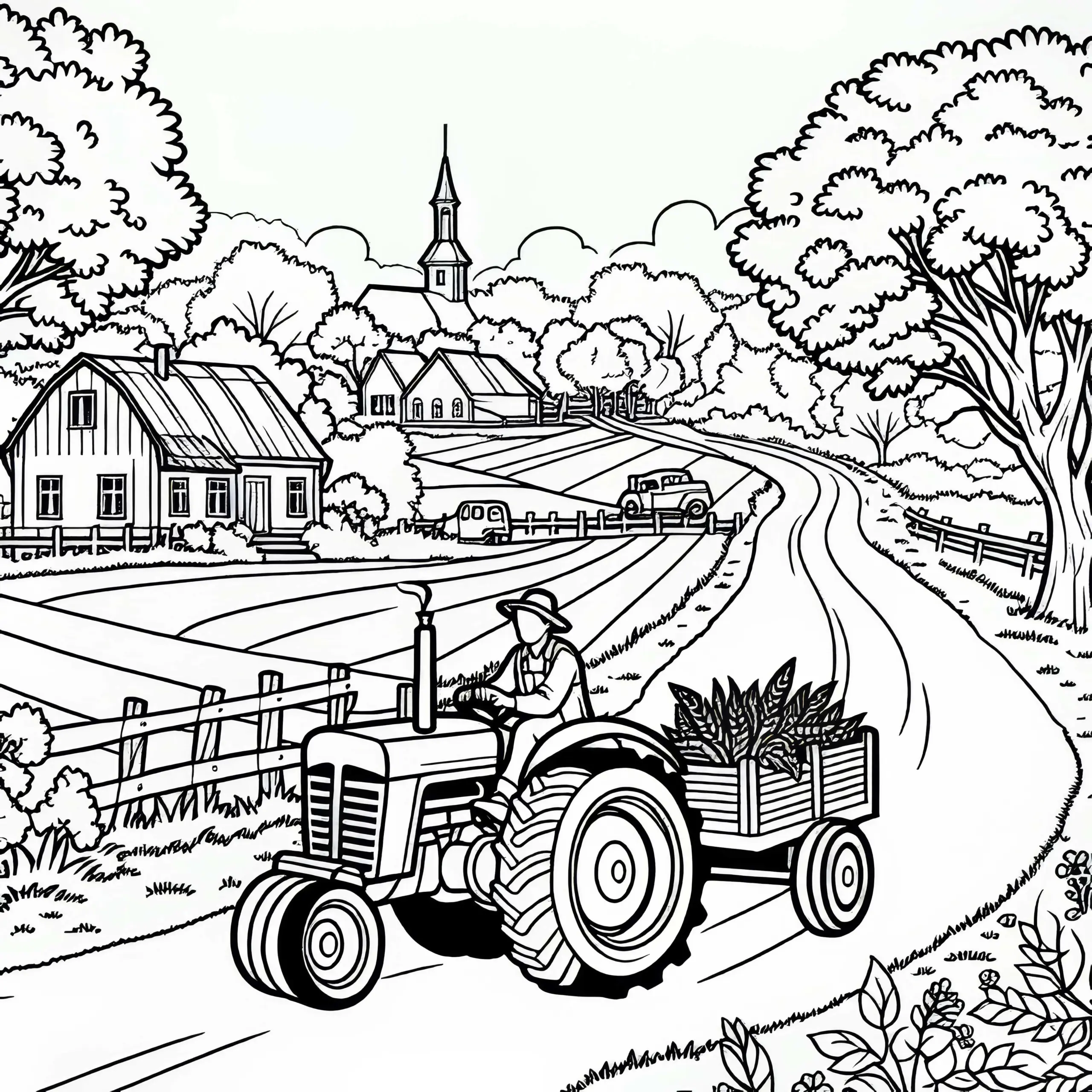 Bauer fährt mit Traktor über Feldweg – Ausmalbild kostenlos
