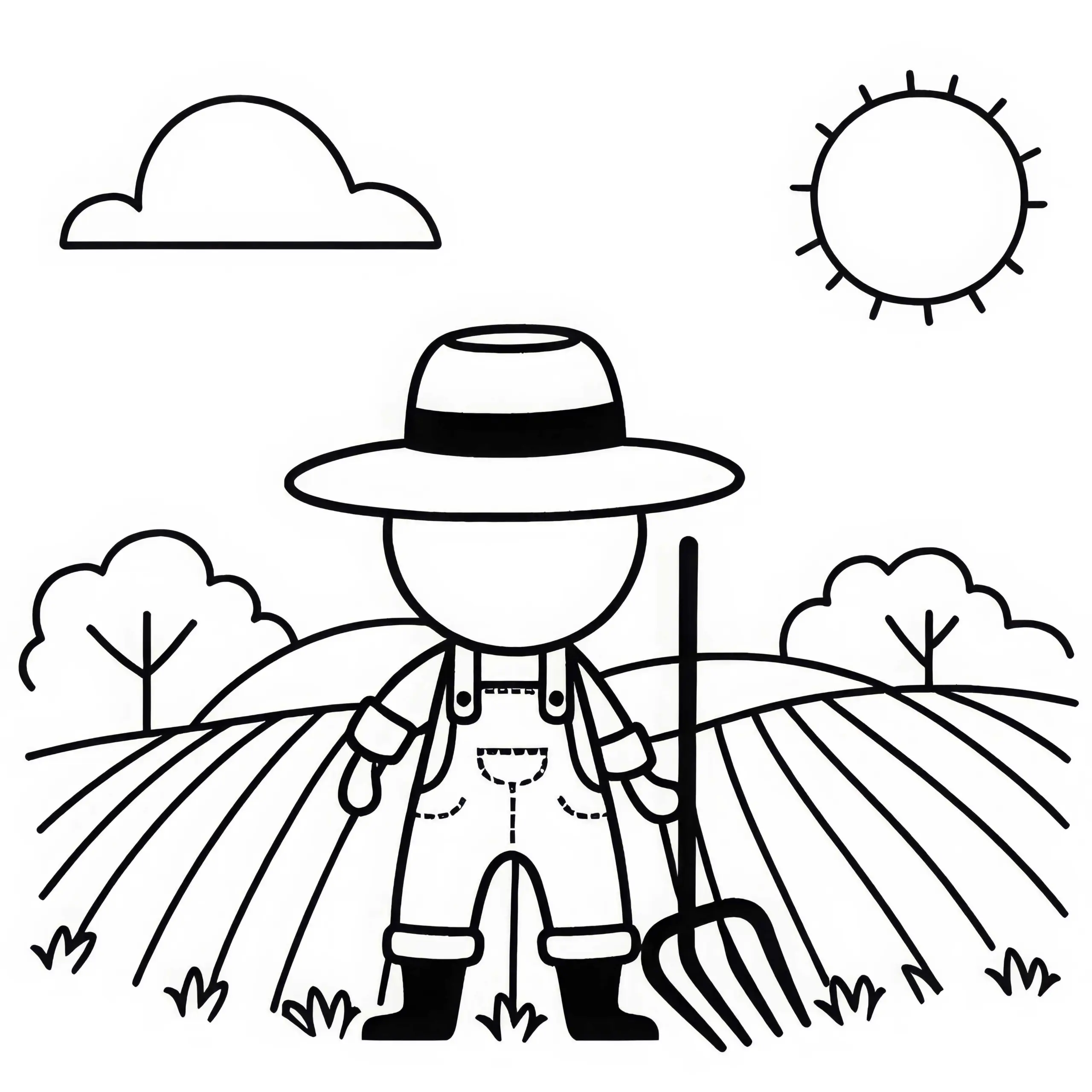 Bauer mit Strohhut und Mistgabel auf dem Feld – Malvorlage einfach gratis (Ausmalbild)