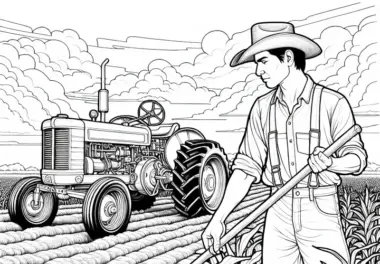 Bauer mit Traktor bei der Arbeit auf dem Acker – Malvorlage kostenlos