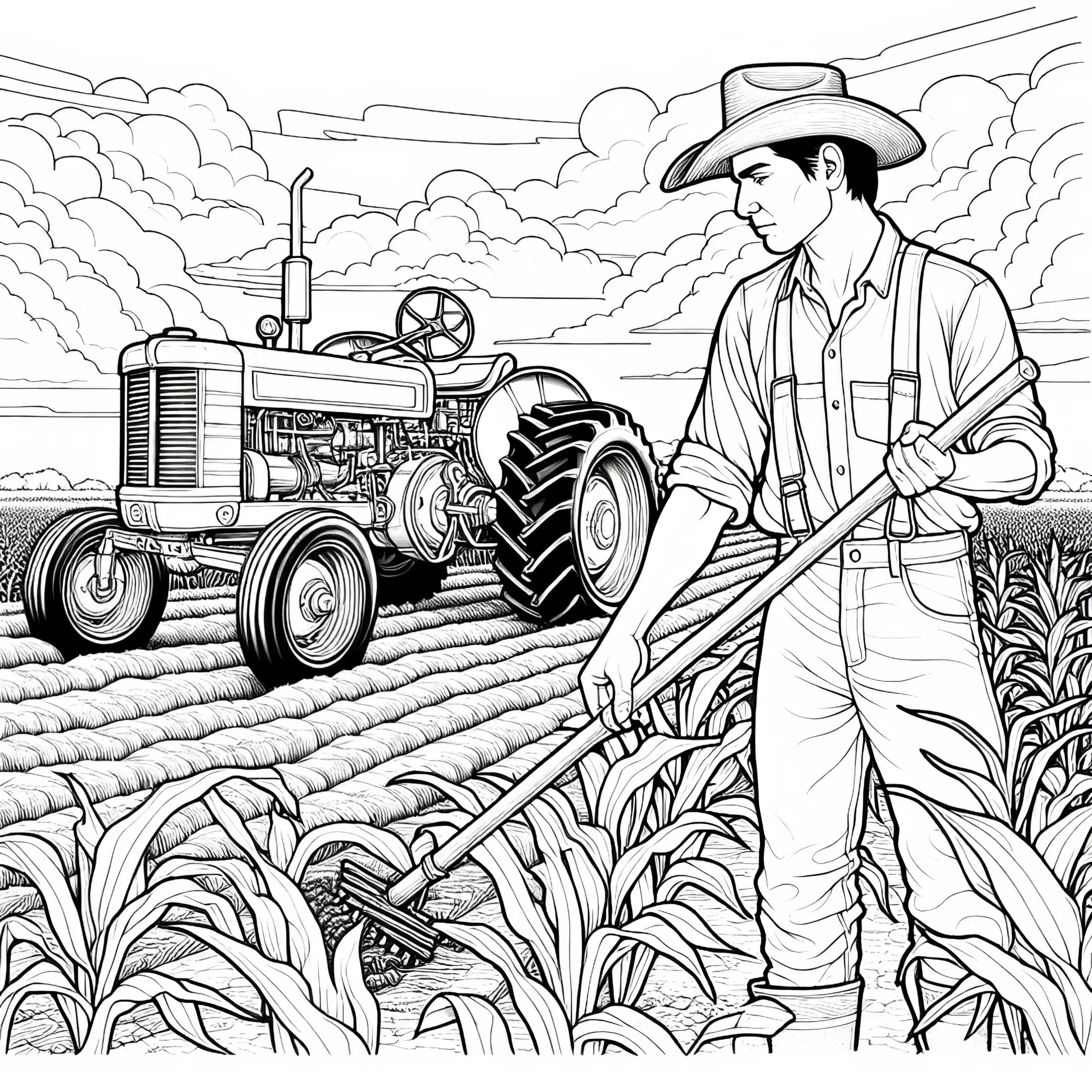 Bauer mit Traktor bei der Arbeit auf dem Acker – Malvorlage kostenlos (Ausmalbild)