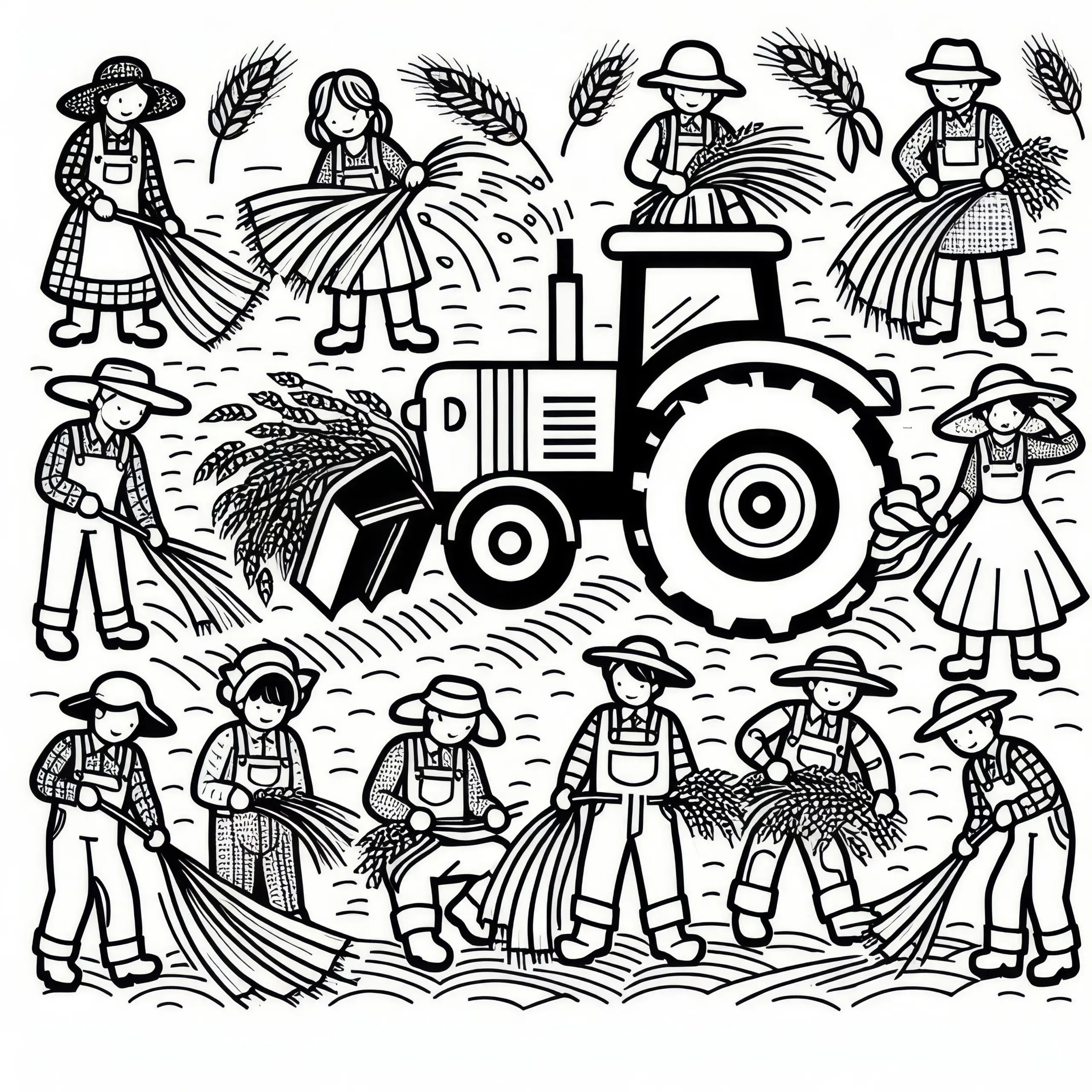 Bauern bei der Ernte mit Traktor: Einfaches Ausmalbild zum Erntedankfest (Kostenlos)