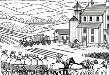 Bauern transportieren Mehlsäcke mit Pferdewagen zur Mühle – Ausmalbild kostenlos