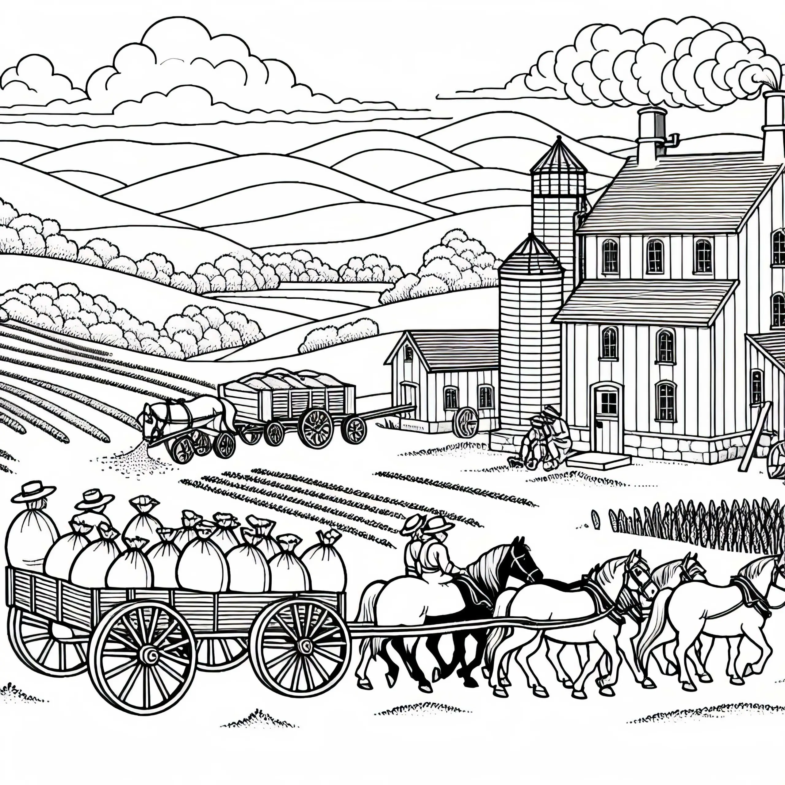 Bauern transportieren Mehlsäcke mit Pferdewagen zur Mühle – Ausmalbild kostenlos