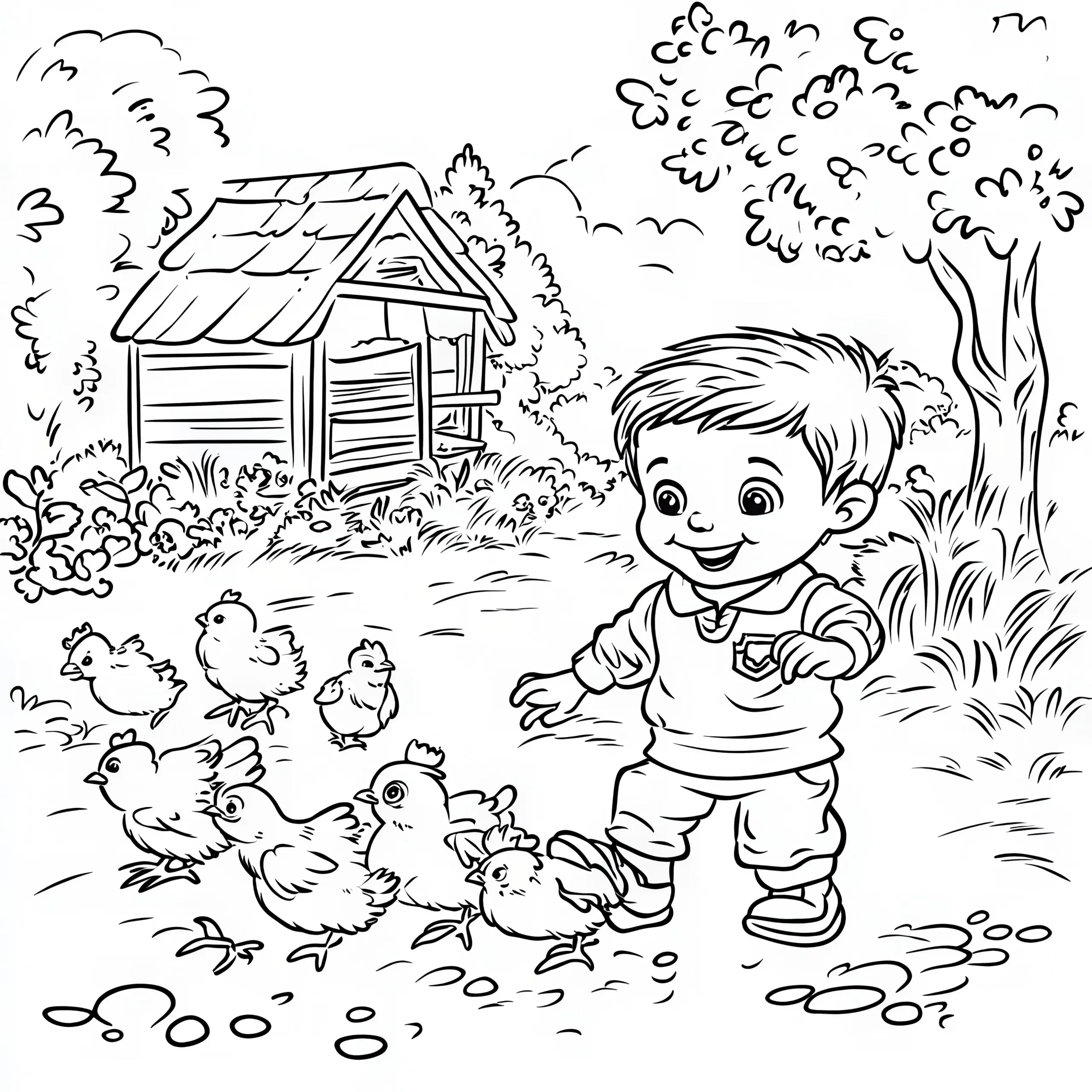 Bauernhof Ausmalbild: Fröhliches Kind mit Küken und Schuppen (Kostenlos)